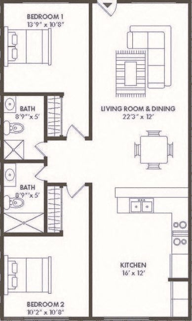Floor plan for 2 beds, 2 baths, 920 sqft